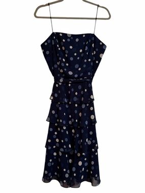 dressbarn Navy and White Polka Dot Tiered Midi Dress